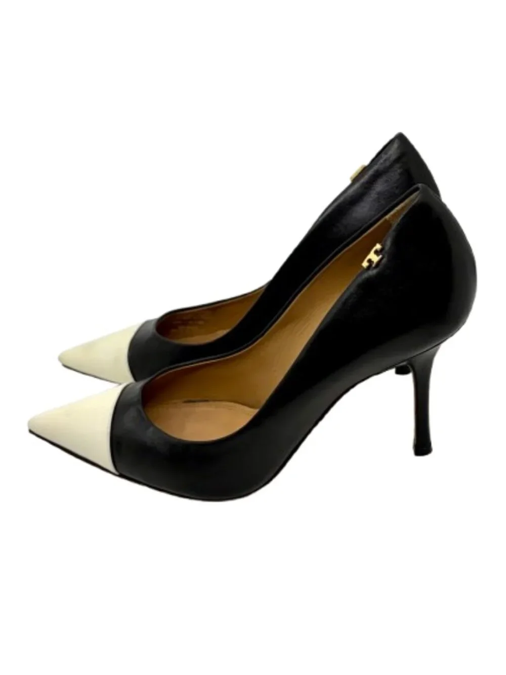 TORY BURCH~Penelope 85mm Cap-Toe Pumps - Black & Ivory Calf Leather Size 7.5